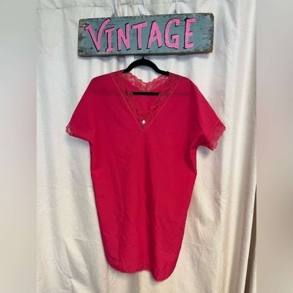 Vintage 80s 90s Hot Pink Lace Nightshirt Mumu House dress